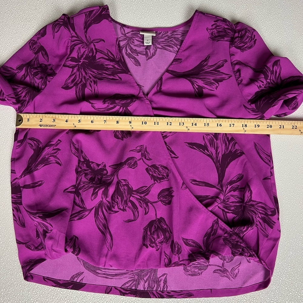 A New Day Purple Floral V Neck Puff Sleeve Wrap Top Size M - Picture 5 of 10